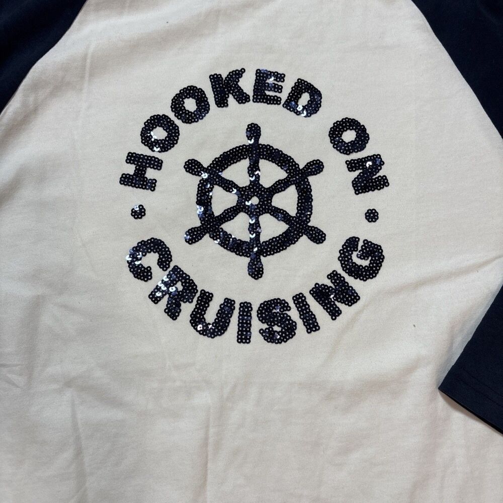 Hooked on Cruising XL Shirt Nautical Cruise Lovers Boat Ocean Raglan Tee Travel - Picture 3 of 6